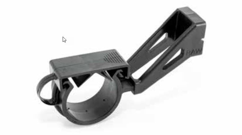 Black plastic clamp with long mounting element.