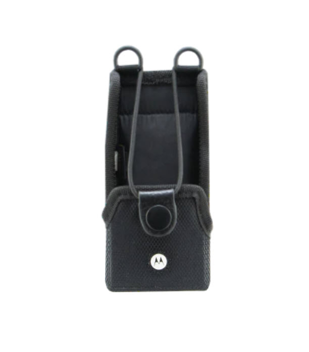 Black protective case with Motorola logo, two loops on top.