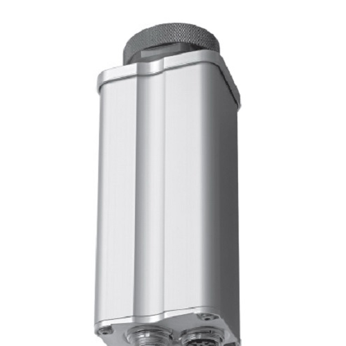 Metal cylinder with grooved top and connector ports at bottom, vertically oriented.