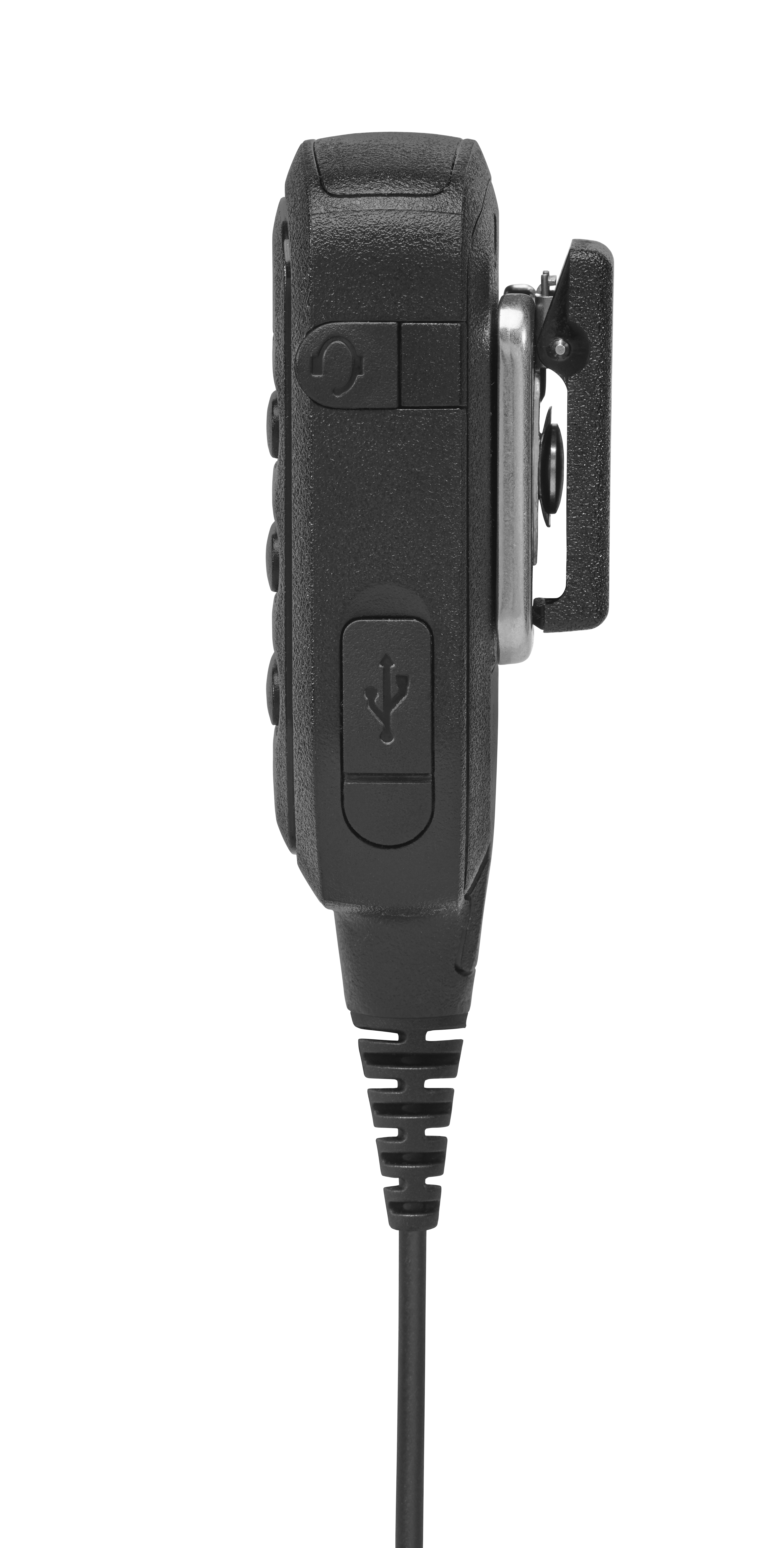 Black handheld radio with USB port and clip side.