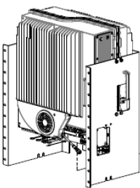 7000-00113900_com_01.png Detailzeichnung eines technischen Geräts mit Kühlrippen und Kabelanschlüssen.