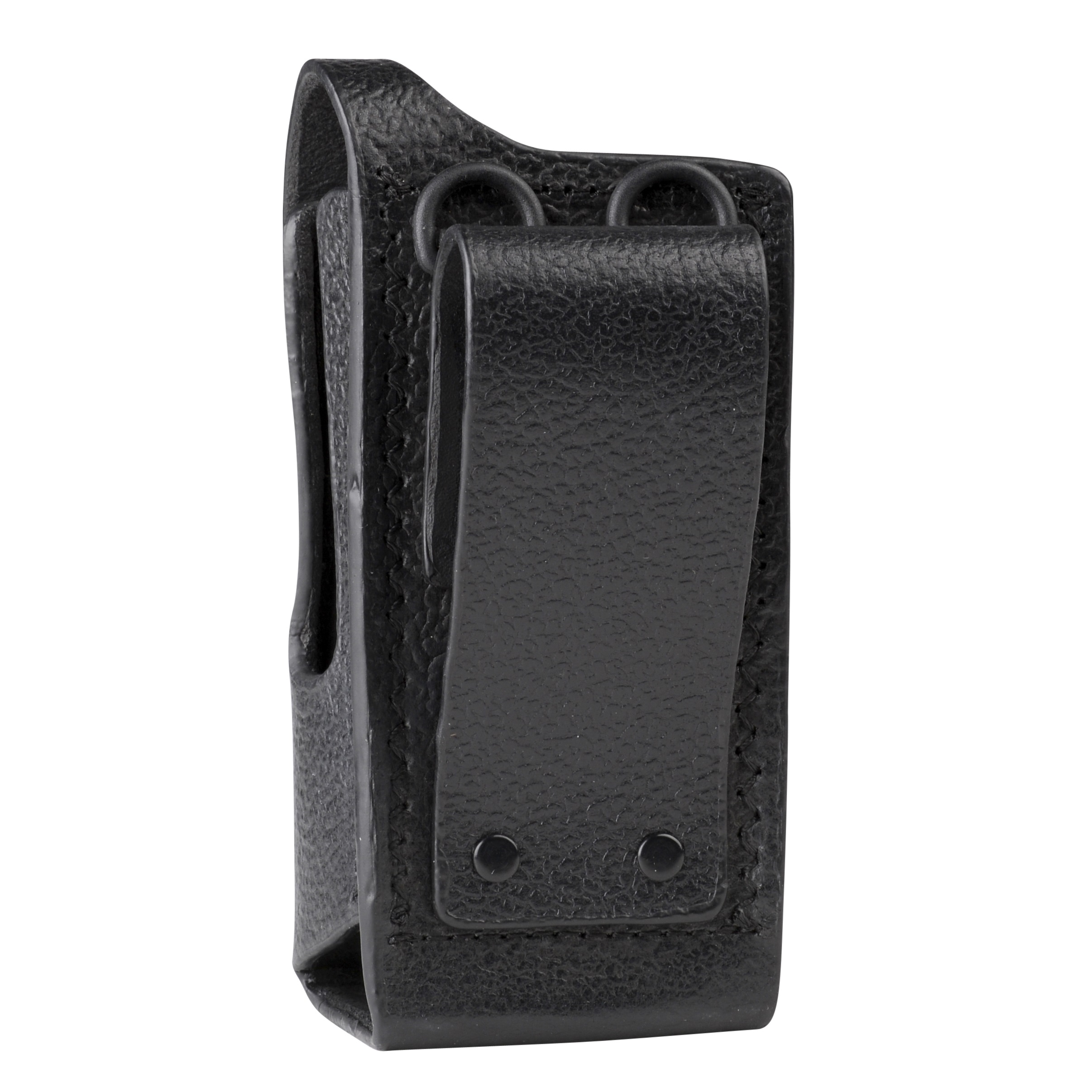 Black vertical leather pouch with attachment clip.