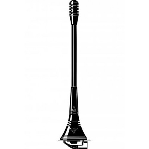 Schwarze Dachantenne mit langem Stab und breitem Sockel.