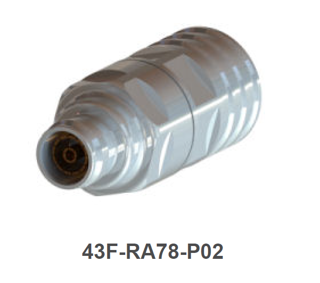 Zylindrischer Metallverbinder mit Beschriftung 43F-RA78-P02.