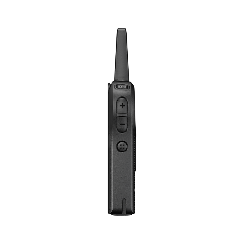 Black radio side view with antenna and three buttons.