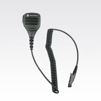 7000-00752530_mot_01.jpg Black handheld microphone with coiled cable and clip connector.