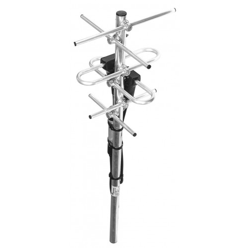 Metal Yagi antenna with multiple elements and mounting base.