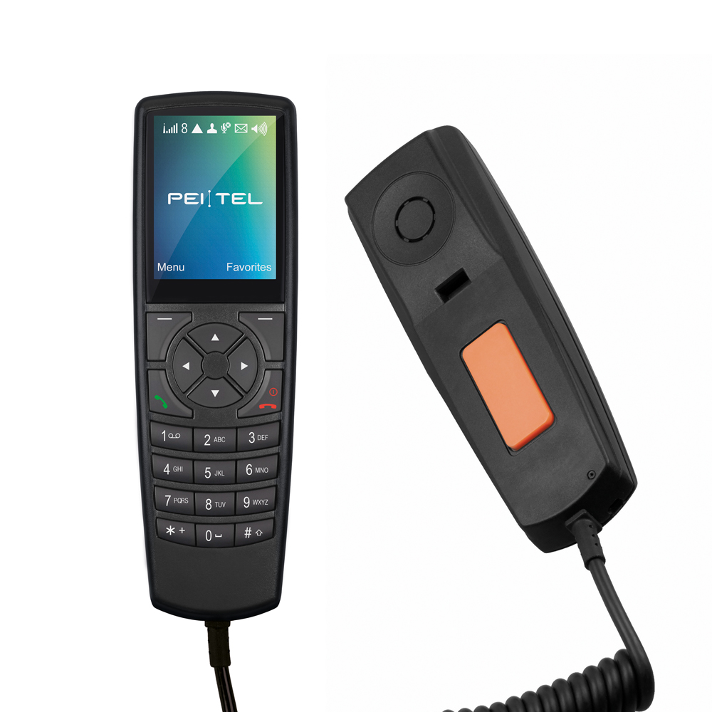 Zwei schwarze Telefonhörer mit Tasten, Display und Spiralkabel.