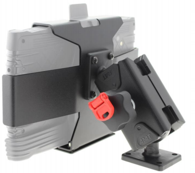 Tablet-Halterung mit verstellbarem Arm und rotem Drehknopf zur Sicherung.