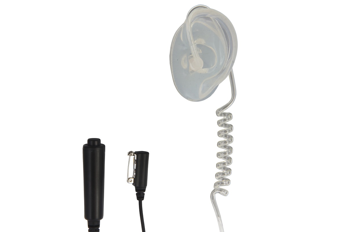 Klarer Ohrhörer mit spiralförmigem Kabel und schwarzen Anschlussstücken.