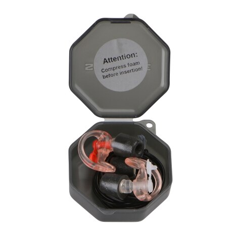 Earplugs in a gray box with note to compress foam.