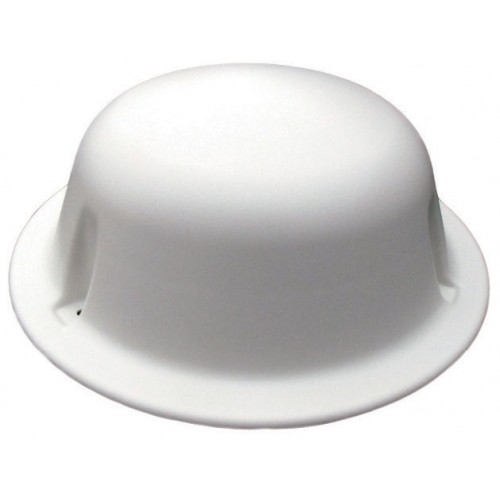 Round white smoke detector on the ceiling.