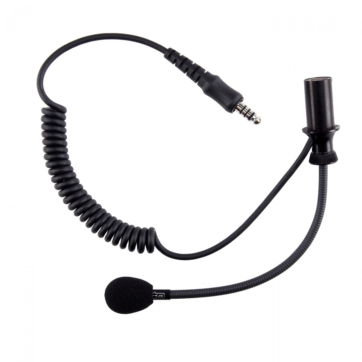 Schwarzes Spiralkabel mit Mikrofonaufsatz und Stecker.