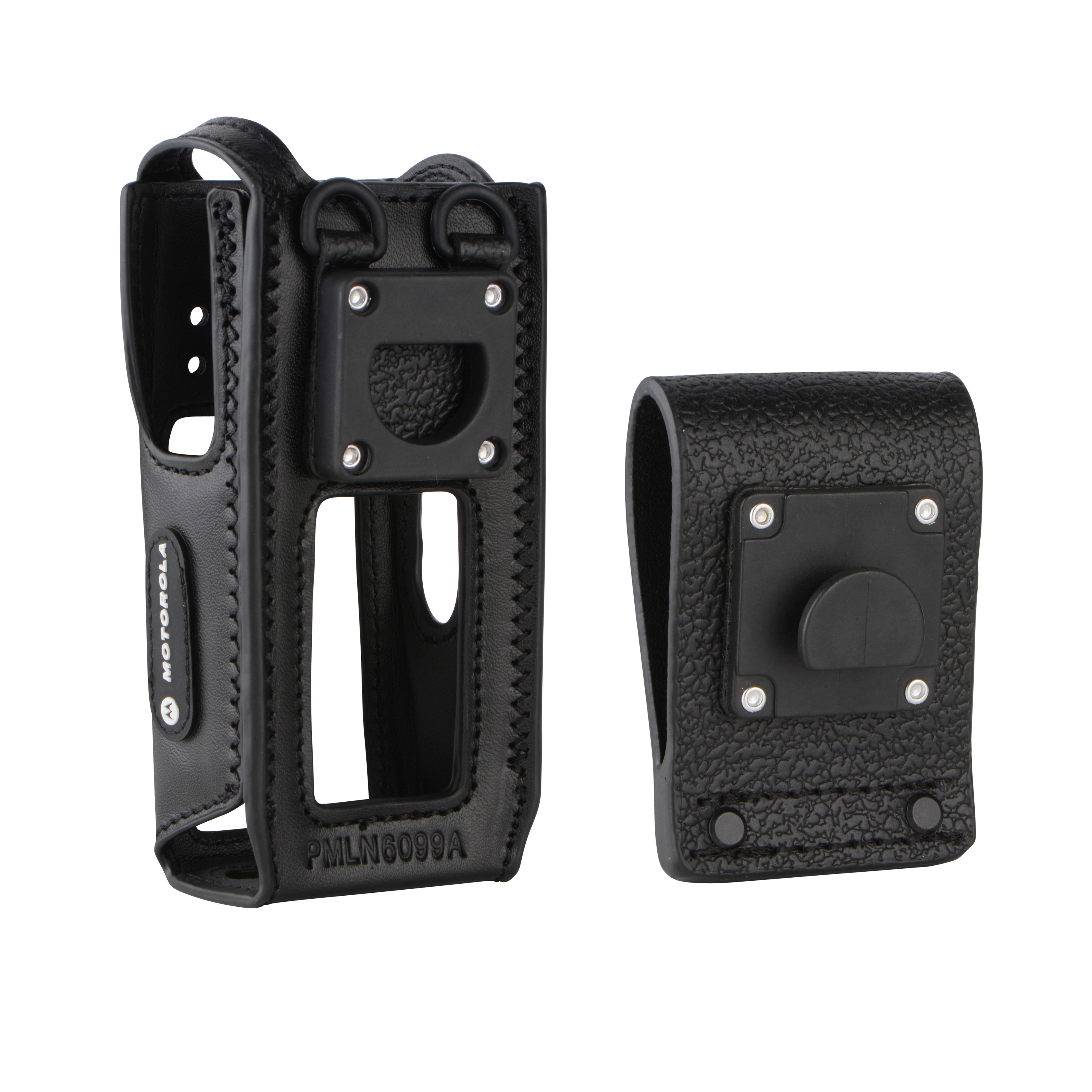 Two black leather radio holders, one with metal parts.