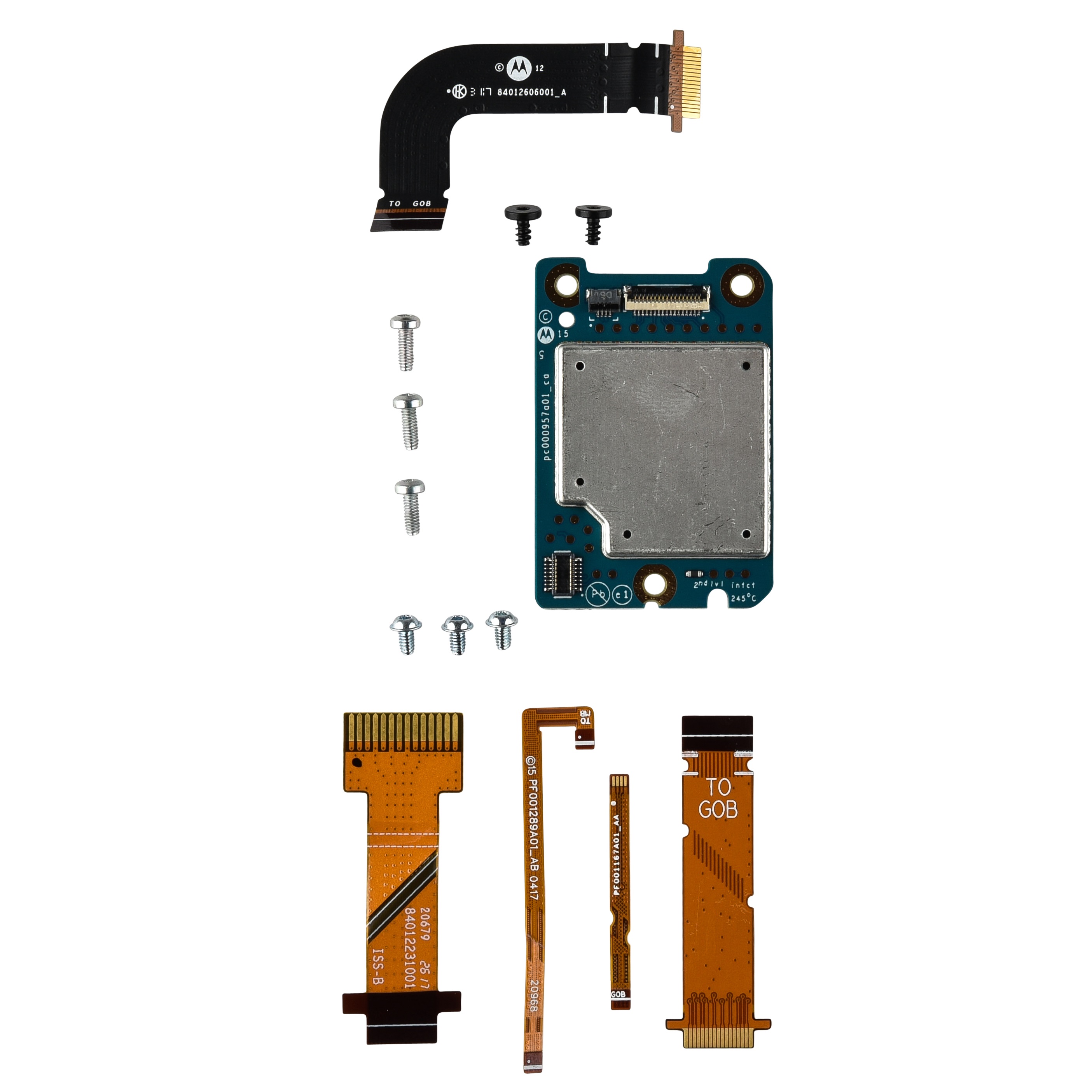 Diverse elektronische Bauteile, darunter Kabel und Schrauben, auf weißem Hintergrund.