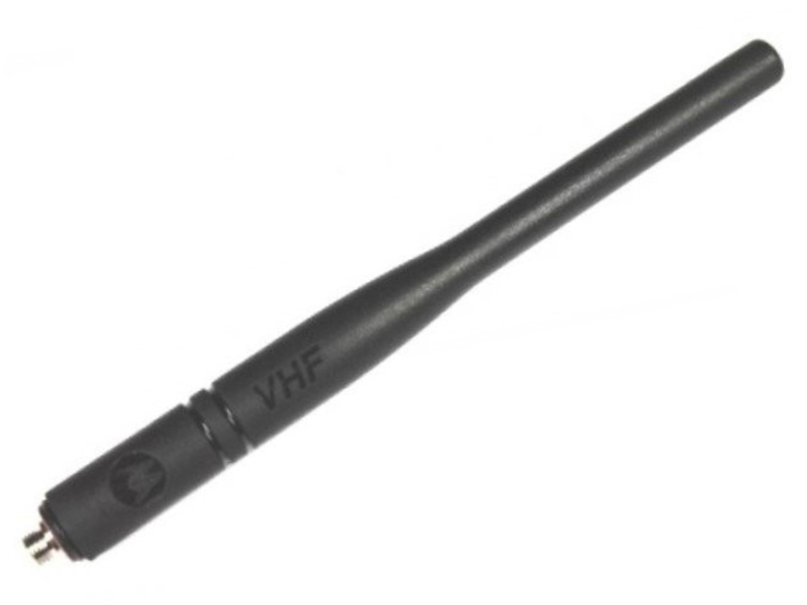 Schwarze VHF-Antenne mit Schraubgewinde, geeignet für Funkgeräte.