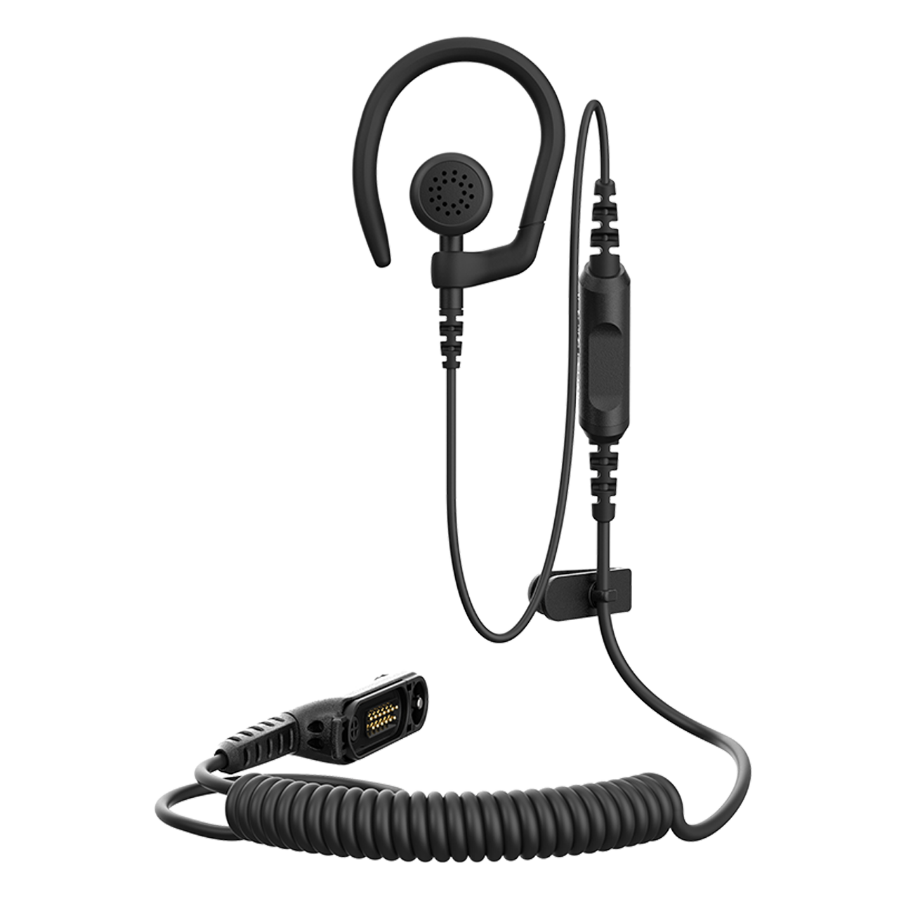 Schwarzer Ohrbügel-Kopfhörer mit Kabel und Stecker.