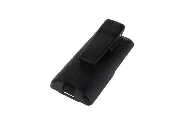 Schwarzes Kunststoff-Handyetui mit Gürtelclip.