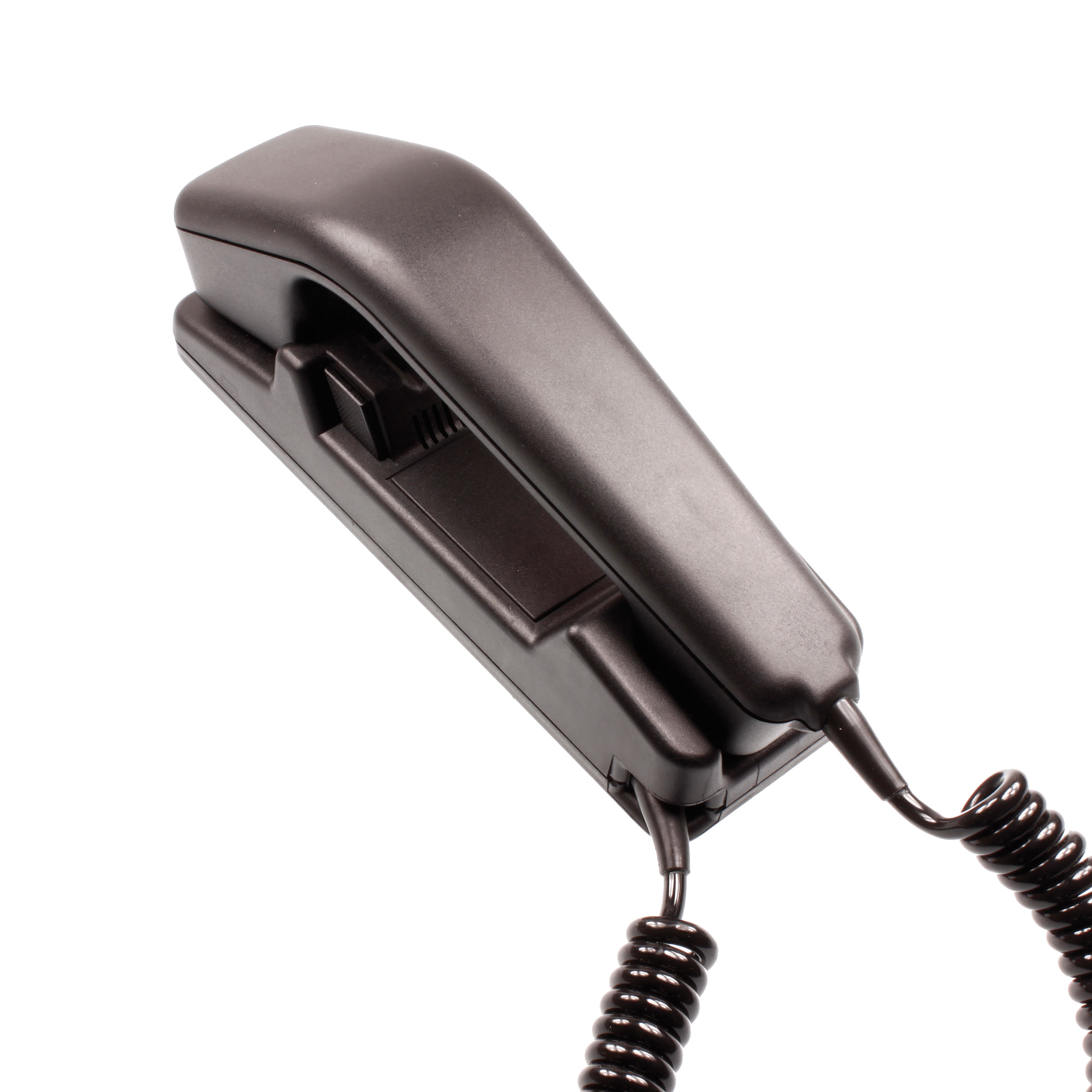 Ein schwarzer Telefonhörer mit Spiralkabel, in Schräglage.