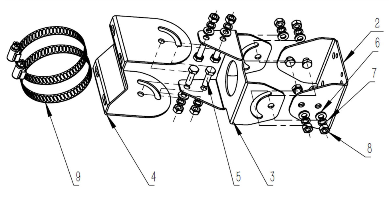 7000-00753291_com_01.jpg Exploded diagram of a pipe clamp with numbered parts.