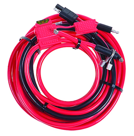 Red jumper cable with black clamps, coiled.