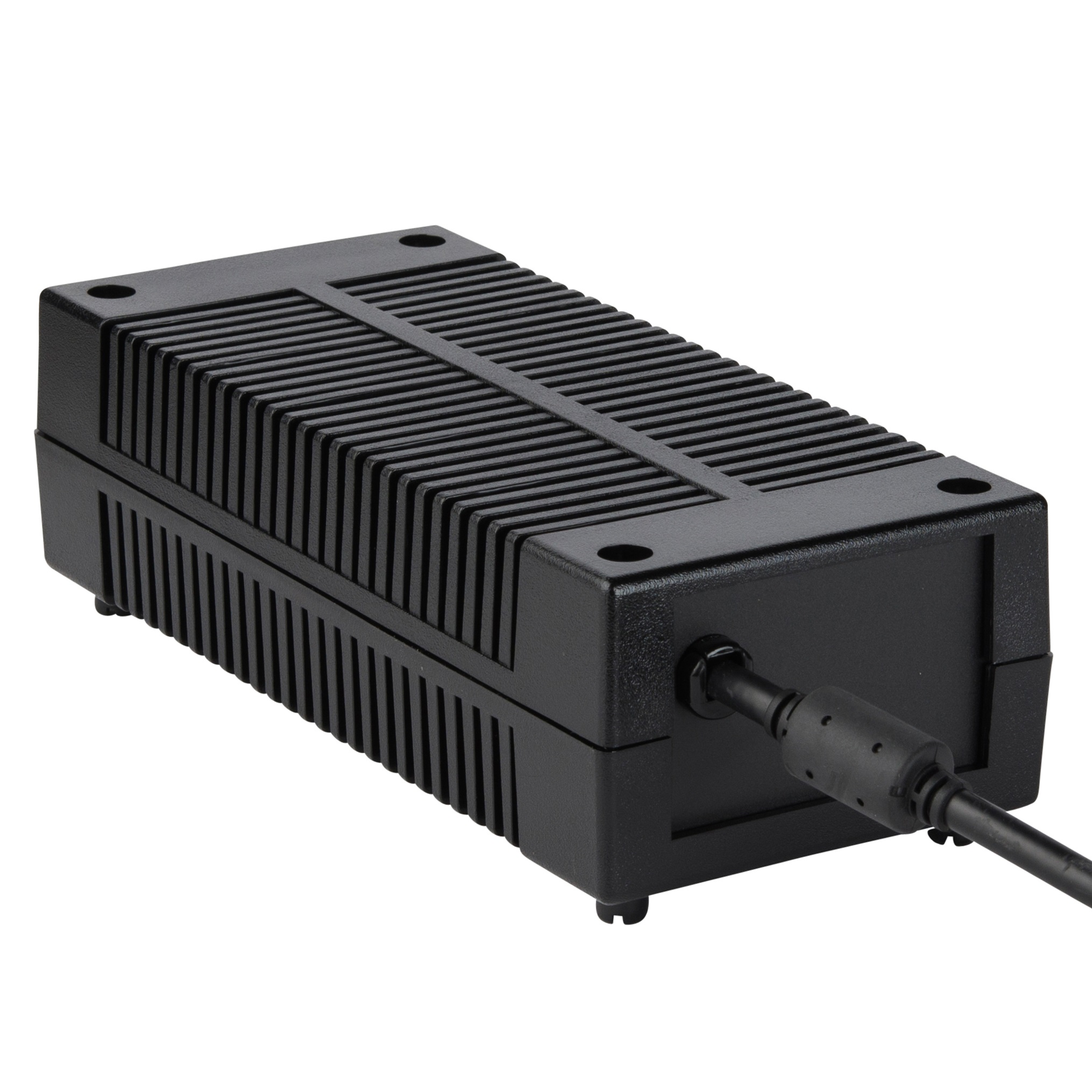 Black rectangular power supply case with ribbed surface and cable connection.