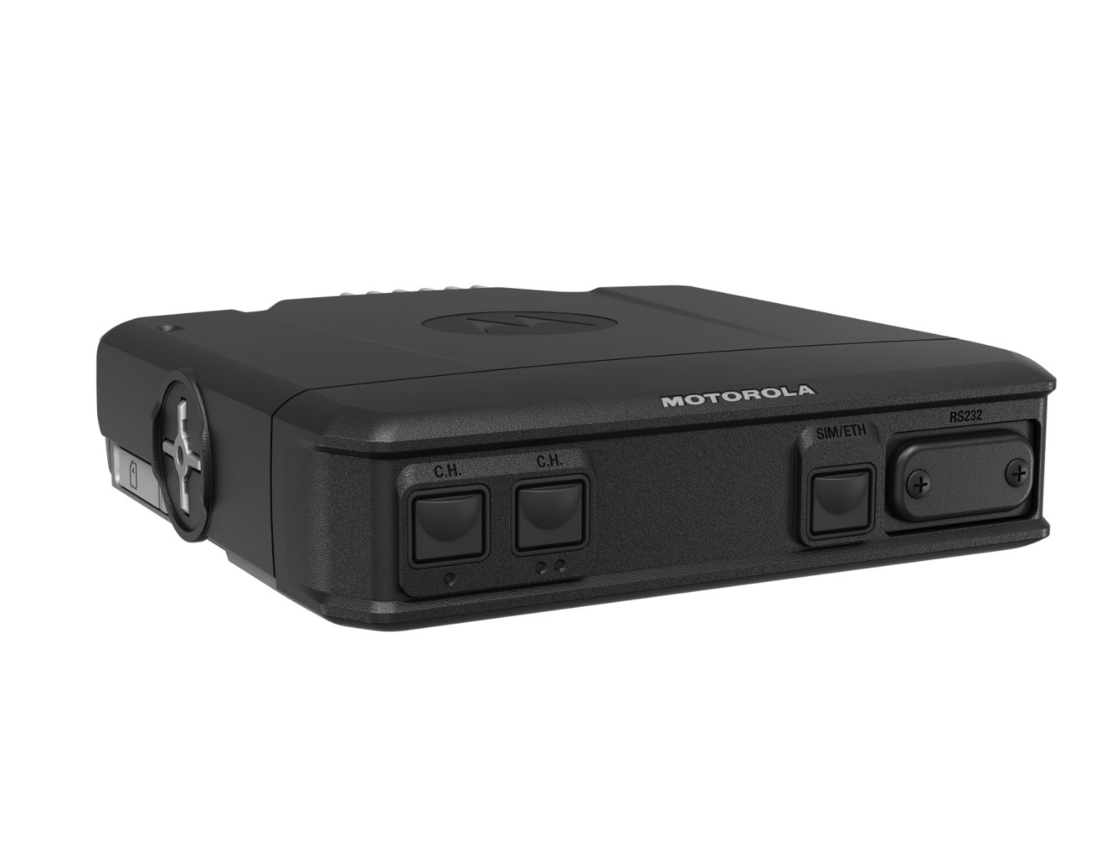 7000_00754308_MOT_01-1.jpg Schwarze Motorola-Funkgerätebasis mit Anschlüssen und Tasten.