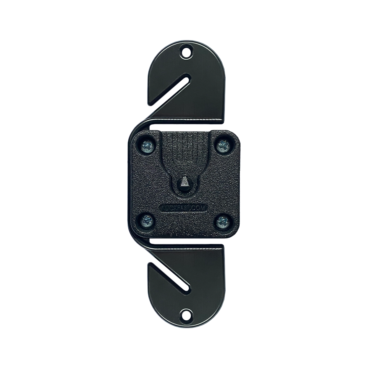 Black panel latch with hanging slot and four screws.