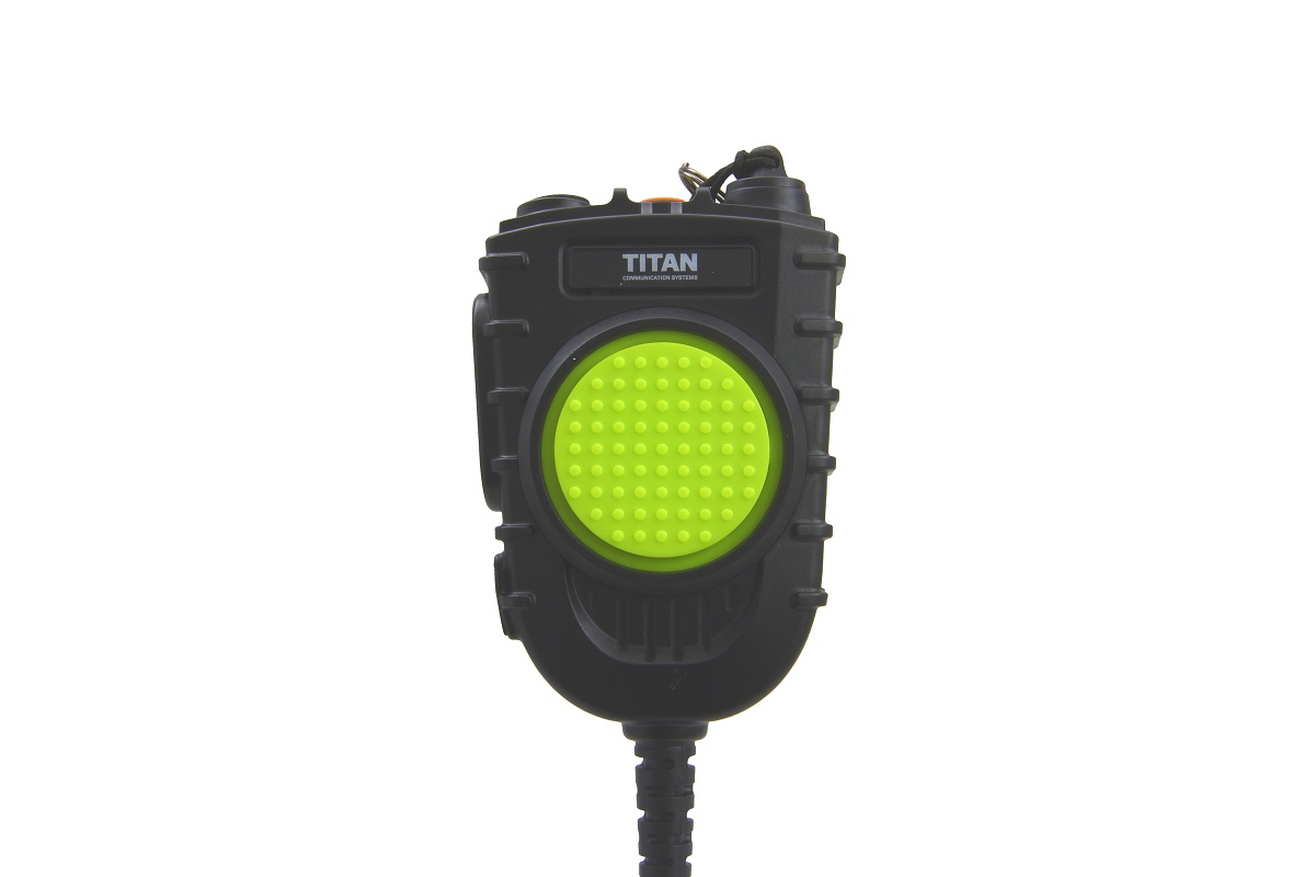 Black handheld microphone with green speaker and rugged casing.