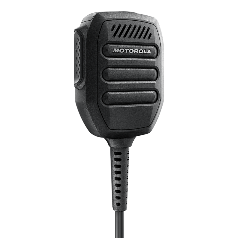 Schwarzes Handmikrofon mit Kabel, Marke Motorola.