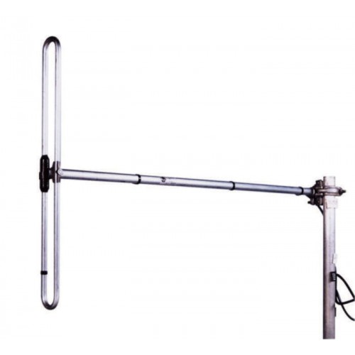 Metal rod antenna with an oval element on a vertical mast.