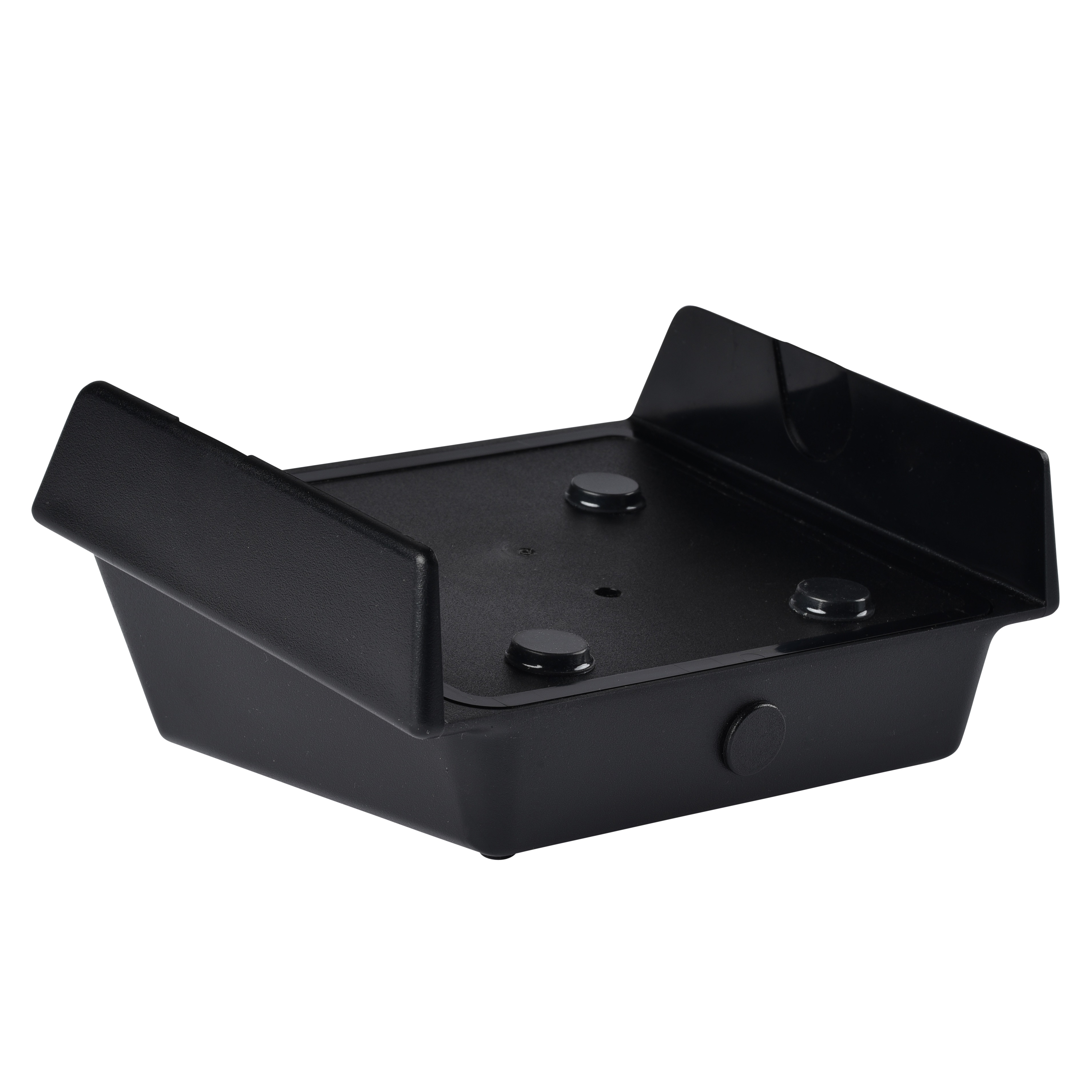 Black rectangular plastic tray with raised edges and round stoppers.