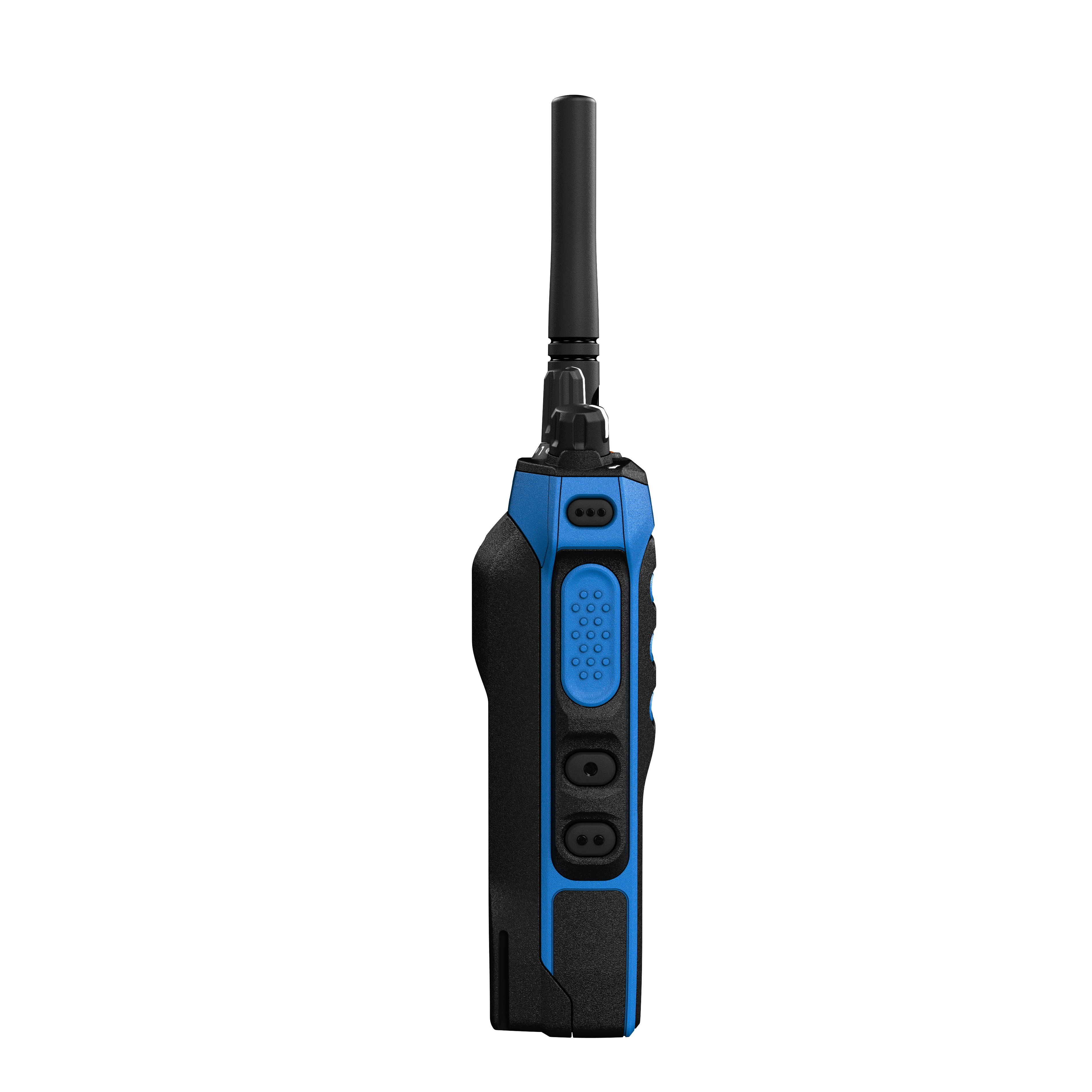 Blue-black two-way radio with antenna and multiple buttons.