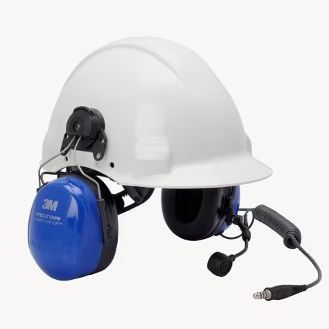 White safety helmet with blue earmuffs and cable microphone.