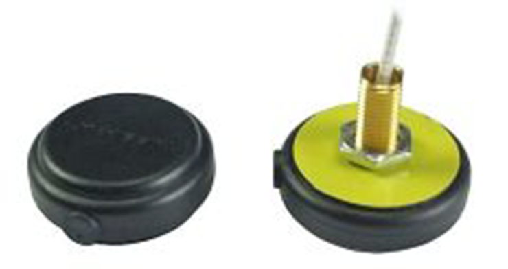 Two round, black casings with a yellow inner part and a connector.