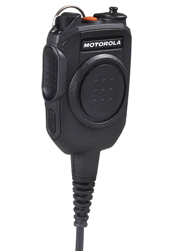 Portable radio device with side speaker, microphone, buttons.