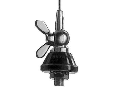 Metal wing nut with thread and two wings, mounted vertically.