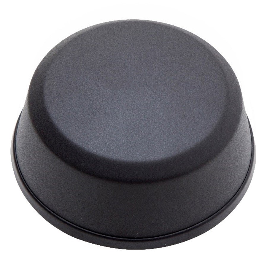 Runde schwarze Kunststoffschale, nach unten zeigend.