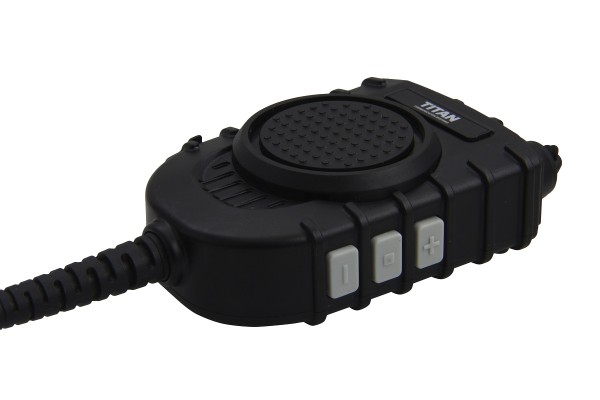 Black speaker microphone with three buttons: two with plus and minus symbols, one square.