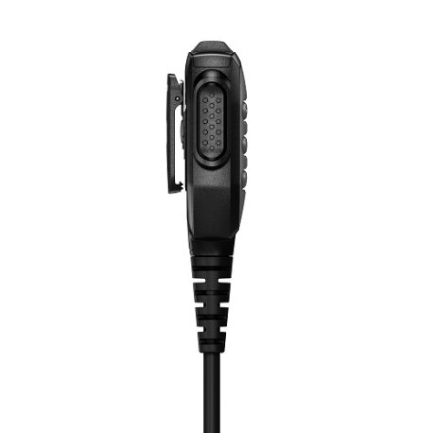 Seitenansicht eines schwarzen Handmikrofons mit Kabel und Clip.