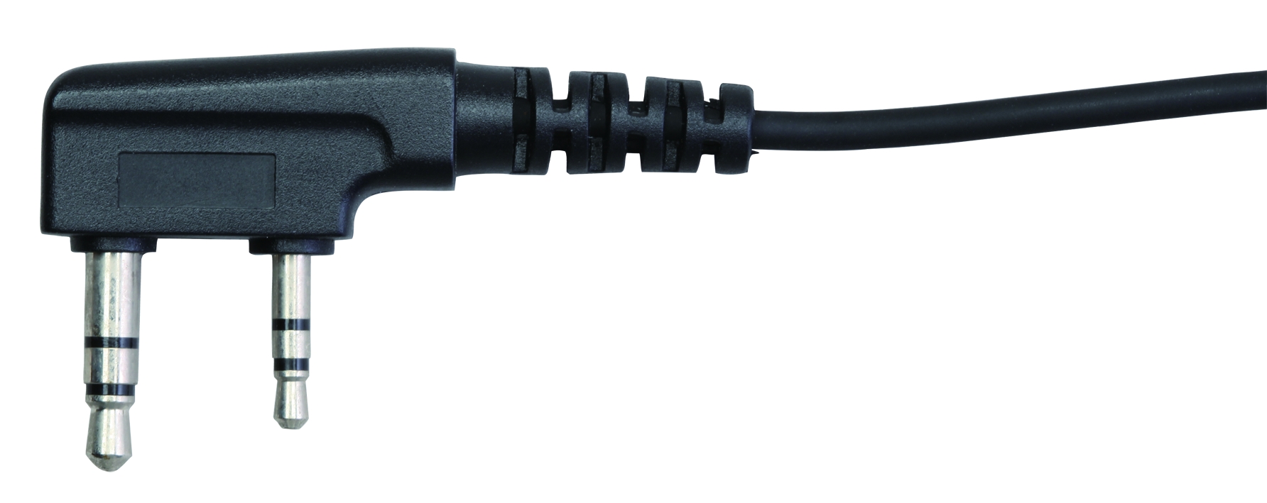 Schwarzer zweipoliger Klinkenstecker mit Kabel.