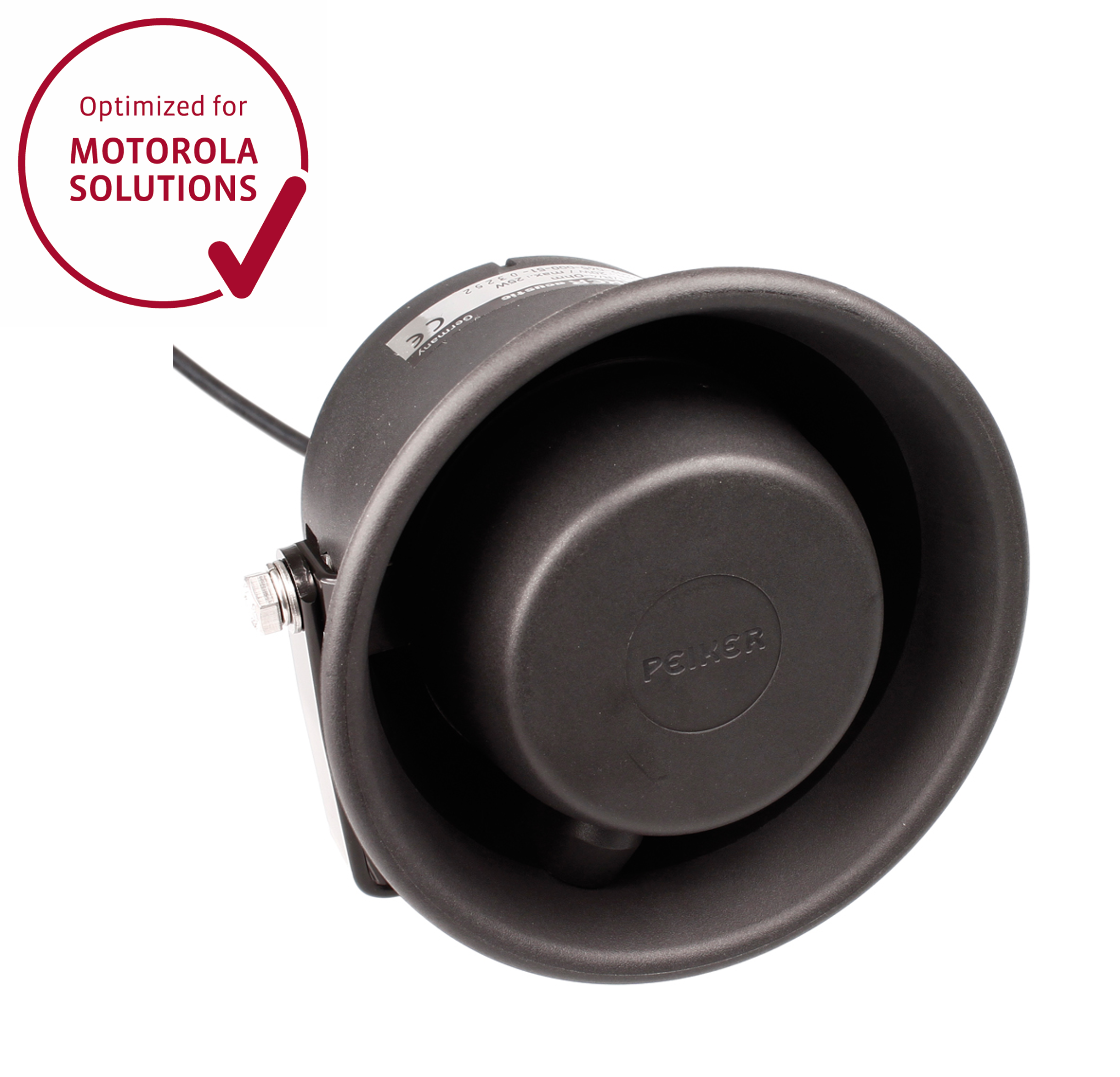 Black speaker with cable, optimized for Motorola Solutions.