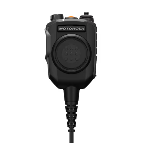 Black handheld radio microphone with cable and buttons.