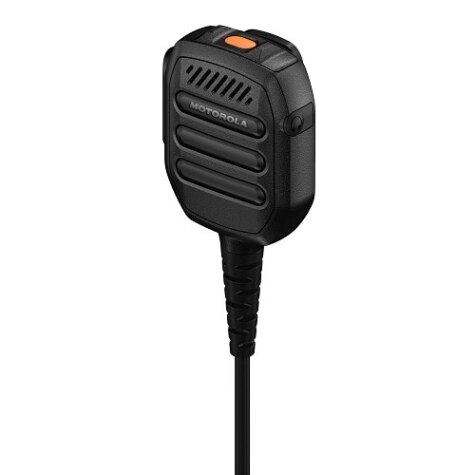 Black handheld radio microphone with cable and orange button.