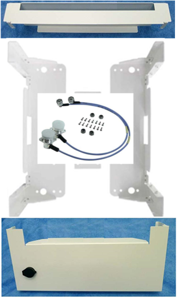 Montageset mit weißen Metallteilen, Kabeln und Schrauben.