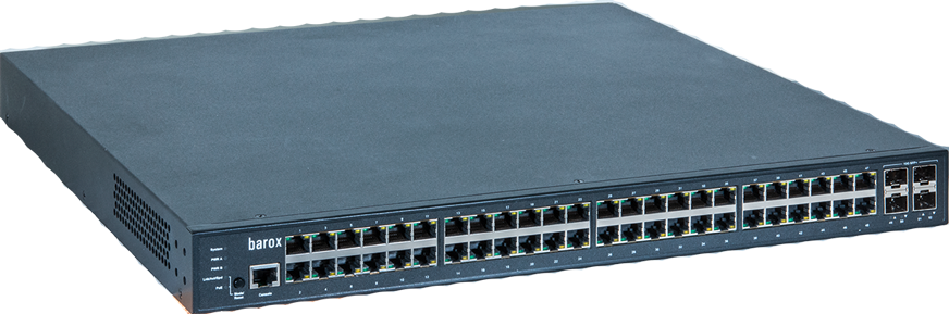 Network switch with multiple Ethernet ports and ventilation slots.