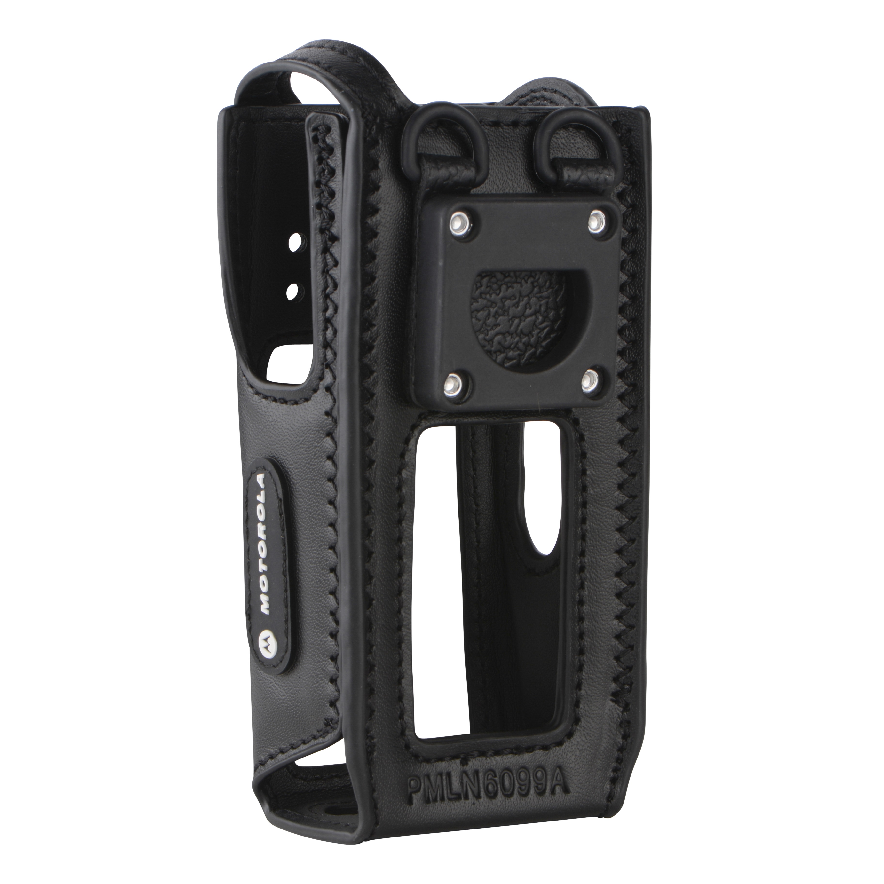 Black leather radio holster with cut-outs and belt loop.