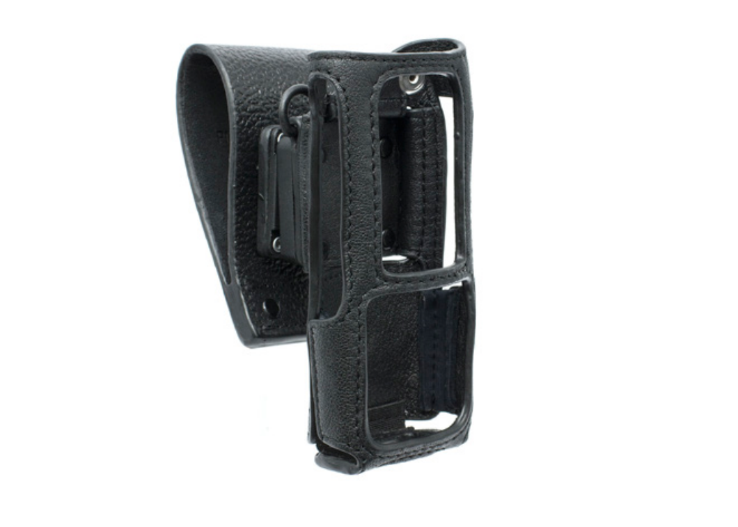 Black leather case with cutouts and a belt clip.