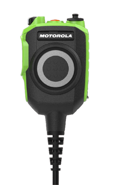 7000-00753365_mot_01.png Grünes Sprechmikrofon mit Kabel und mehreren Knöpfen, Motorola-Logo oben.