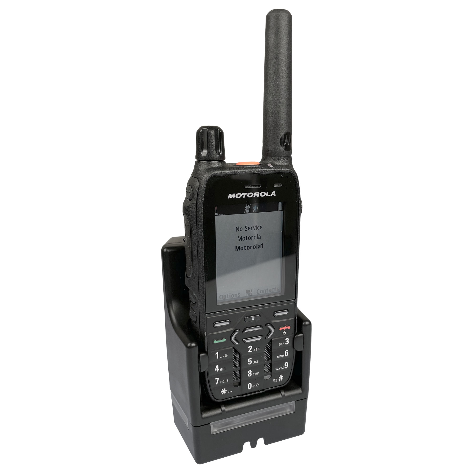 Funkgerät mit Antenne in Ladestation, Display zeigt 'No Service'.
